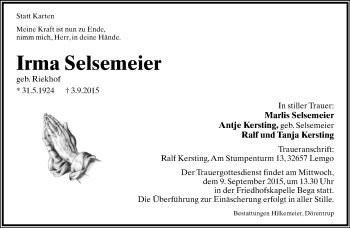 Anzeige  Irma Selsemeier  Lippische Landes-Zeitung