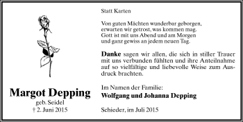 Anzeige  Margot Depping  Lippische Landes-Zeitung