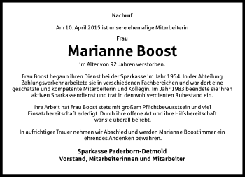 Anzeige  Marianne Boost  Lippische Landes-Zeitung