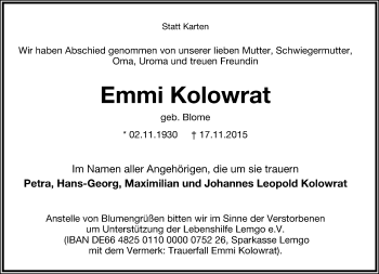 Anzeige  Emmi Kolowrat  Lippische Landes-Zeitung