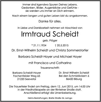 Anzeige  Irmtraud Scheidt  Lippische Landes-Zeitung