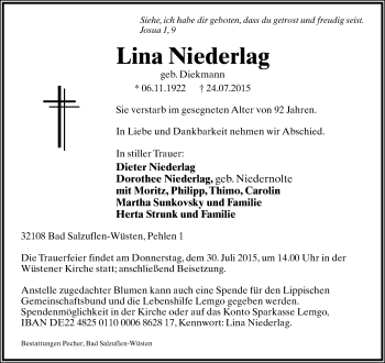 Anzeige  Lina Niederlag  Lippische Landes-Zeitung