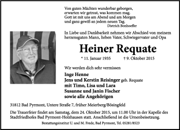 Anzeige  Heiner Requate  Lippische Landes-Zeitung