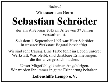 Anzeige  Sebastian Schröder  Lippische Landes-Zeitung