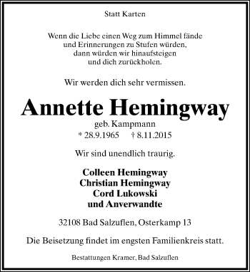 Anzeige  Annette Hemingway  Lippische Landes-Zeitung