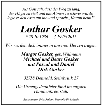 Anzeige  Lothar Gosker  Lippische Landes-Zeitung