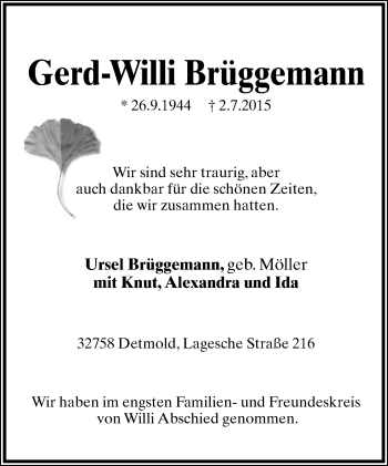 Anzeige  Gerd-Willi Brüggemann  Lippische Landes-Zeitung