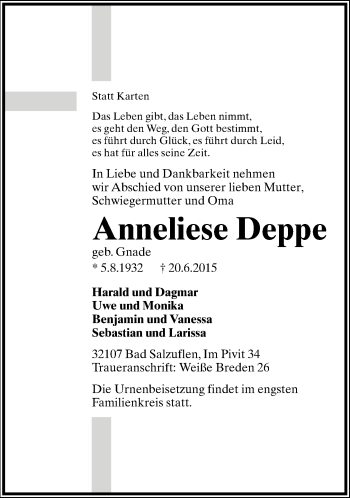 Anzeige  Anneliese Deppe  Lippische Landes-Zeitung
