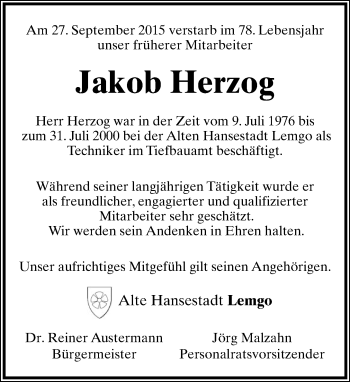 Anzeige  Jakob Herzog  Lippische Landes-Zeitung
