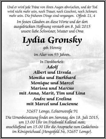 Anzeige  Lydia Gronsky  Lippische Landes-Zeitung