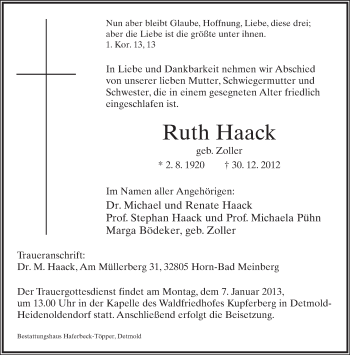 Anzeige  Ruth Haack  Lippische Landes-Zeitung