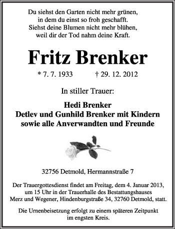 Anzeige  Fritz Brenker  Lippische Landes-Zeitung