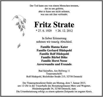 Anzeige  Fritz Strate  Lippische Landes-Zeitung