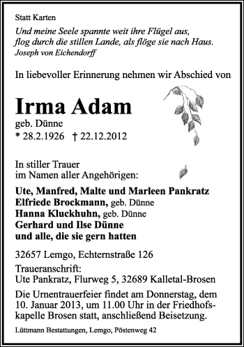 Anzeige  Irma Adam  Lippische Landes-Zeitung