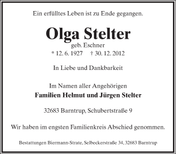 Anzeige  Olga Stelter  Lippische Landes-Zeitung