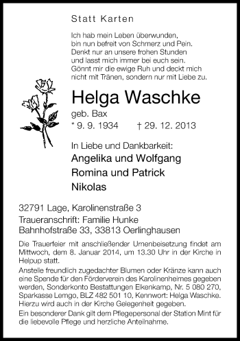 Anzeige  Helga Waschke  Lippische Landes-Zeitung
