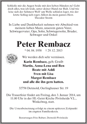 Anzeige  Peter Rembacz  Lippische Landes-Zeitung