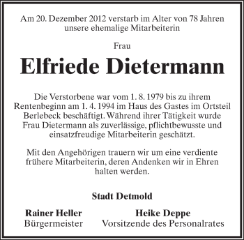 Anzeige  Elfriede Dietermann  Lippische Landes-Zeitung