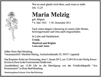 Anzeige  Maria Melzig  Lippische Landes-Zeitung