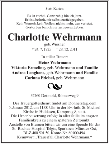 Anzeige  Charlotte Wehrmann  Lippische Landes-Zeitung