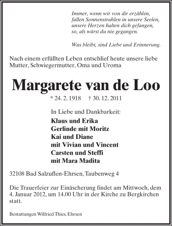 Anzeige  Margarete van de Loo  Lippische Landes-Zeitung
