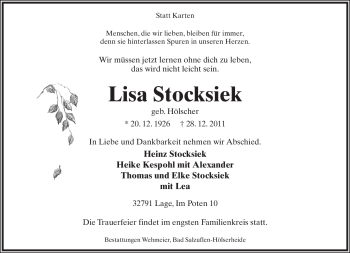 Anzeige  Lisa Stocksiek  Lippische Landes-Zeitung