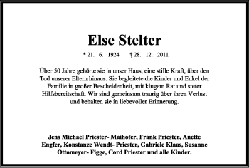Anzeige  Else Stelter  Lippische Landes-Zeitung
