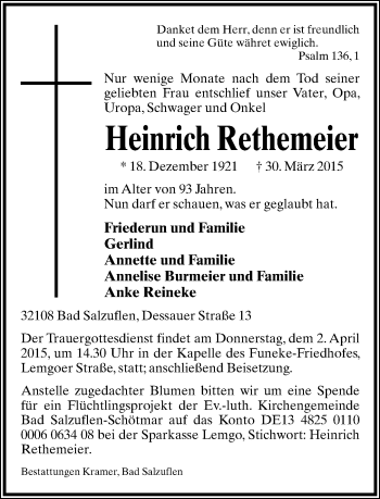Anzeige  Heinrich Rethemeier  Lippische Landes-Zeitung