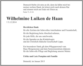 Anzeige  Wilhelmine Luiken de Haan  Lippische Landes-Zeitung