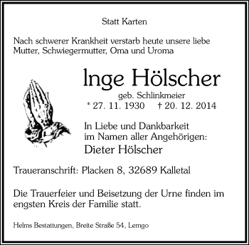 Anzeige  Inge Hölscher  Lippische Landes-Zeitung