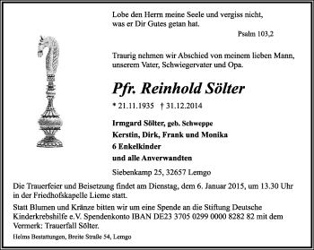 Anzeige  Reinhold Sölter  Lippische Landes-Zeitung
