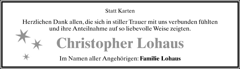  Traueranzeige für Christopher Lohaus vom 03.01.2015 aus Lippische Landes-Zeitung