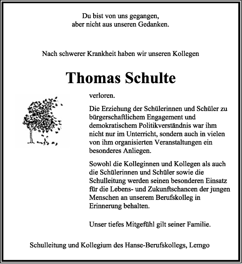  Traueranzeige für Thomas Schulte vom 03.01.2015 aus Lippische Landes-Zeitung