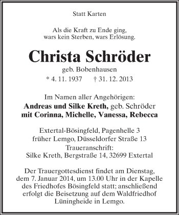Anzeige  Christa Schröder  Lippische Landes-Zeitung