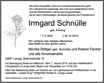 Anzeige  Irmgard Schnülle  Lippische Landes-Zeitung