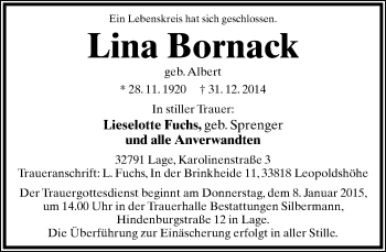 Anzeige  Lina Bornack  Lippische Landes-Zeitung