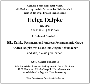 Anzeige  Helga Dalpke  Lippische Landes-Zeitung