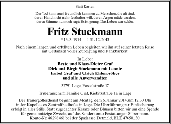 Anzeige  Fritz Stuckmann  Lippische Landes-Zeitung