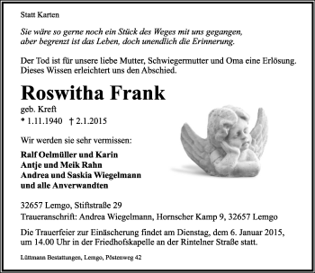 Anzeige  Roswitha Frank  Lippische Landes-Zeitung