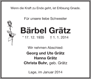 Anzeige  Bärbel Grätz  Lippische Landes-Zeitung