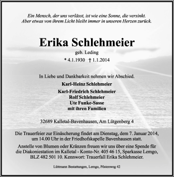 Anzeige  Erika Schlehmeier  Lippische Landes-Zeitung