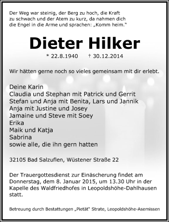 Anzeige  Dieter Hilker  Lippische Landes-Zeitung