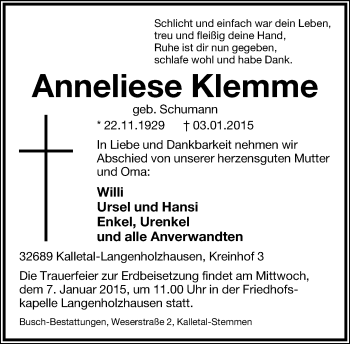 Anzeige  Anneliese Klemme  Lippische Landes-Zeitung