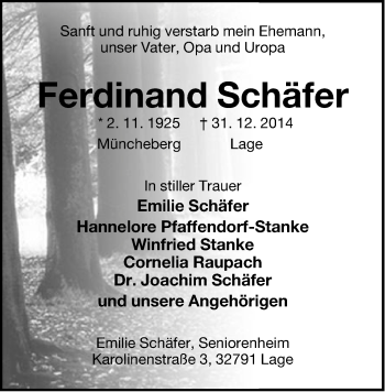 Anzeige  Ferdinand Schäfer  Lippische Landes-Zeitung