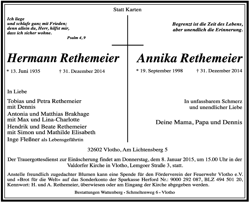  Traueranzeige für Hermann und Annika Rethemeier vom 05.01.2015 aus Lippische Landes-Zeitung