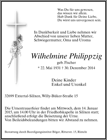 Anzeige  Wilhelmine  Philippzig  Lippische Landes-Zeitung
