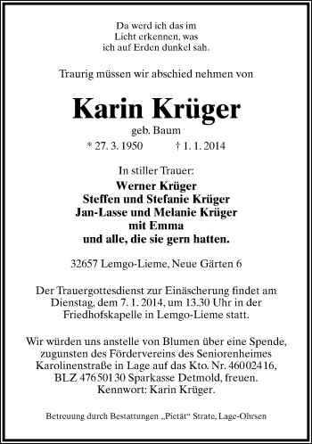 Anzeige  Karin Krüger  Lippische Landes-Zeitung