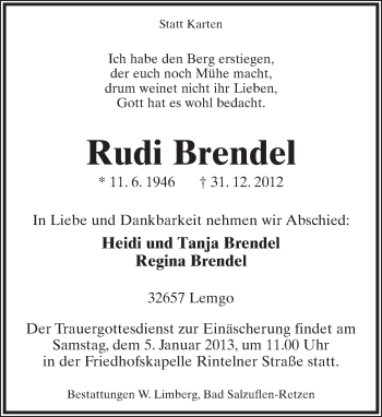 Anzeige  Rudi Brendel  Lippische Landes-Zeitung