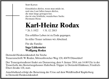 Anzeige  Karl-Heinz  Rodax  Lippische Landes-Zeitung