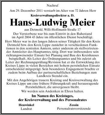Anzeige  Hans-Ludwig Meier  Lippische Landes-Zeitung